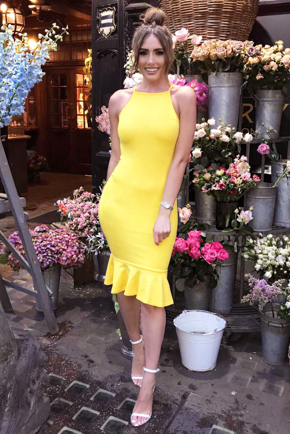Kikodress - Yellow Bodycon Midi Dress With Frill Hem