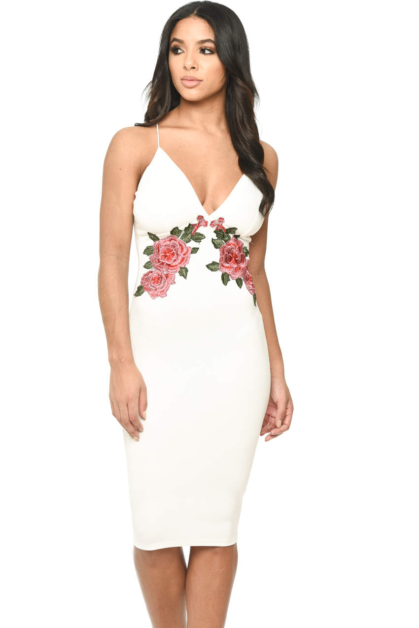 Kikodress - Cream Strappy Embroidered Bodycon Midi Dress