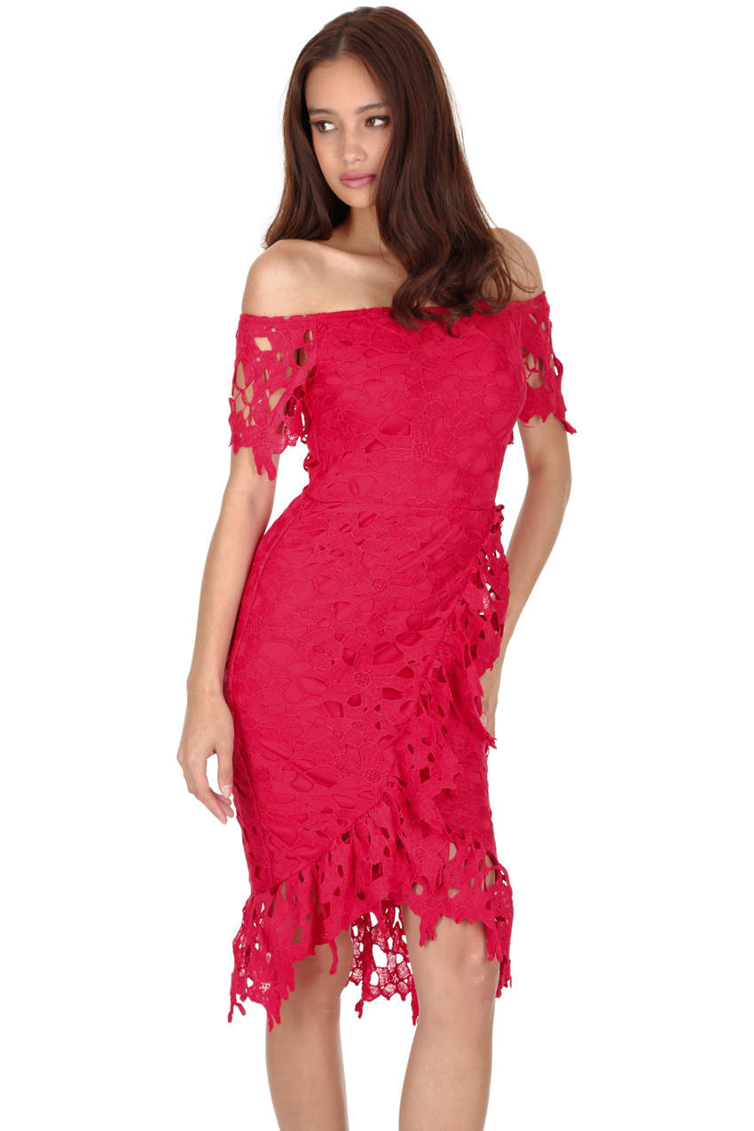 Kikodress - Red Crochet Bardot Frill Wrap Dress