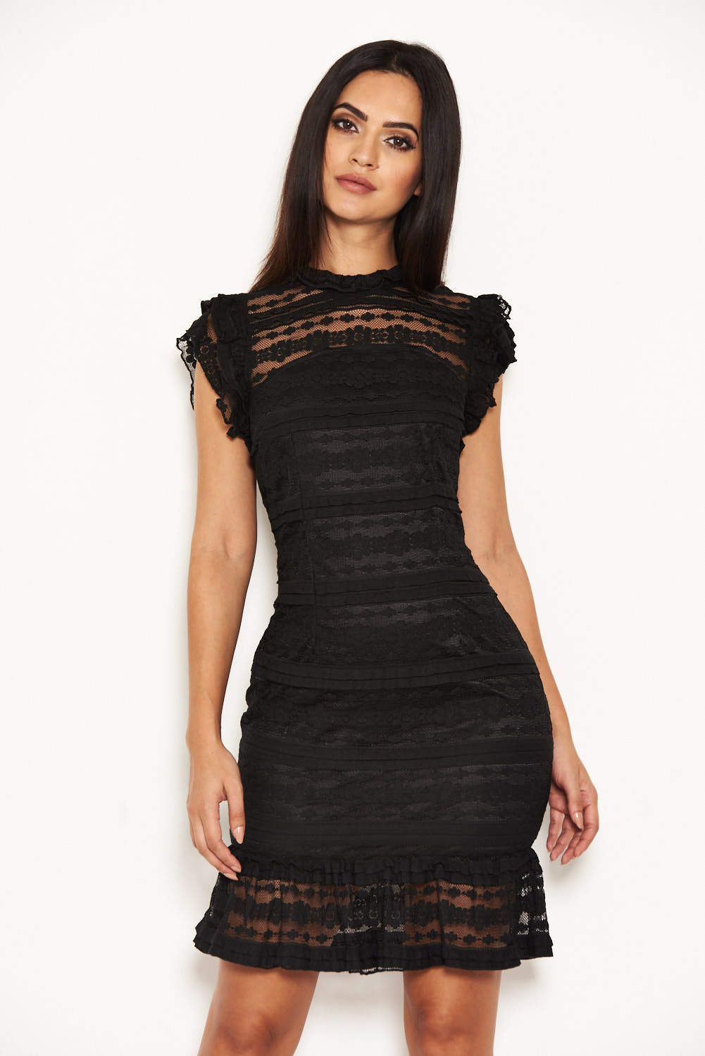 Kikodress - Black High Neck Lace Frill Dress
