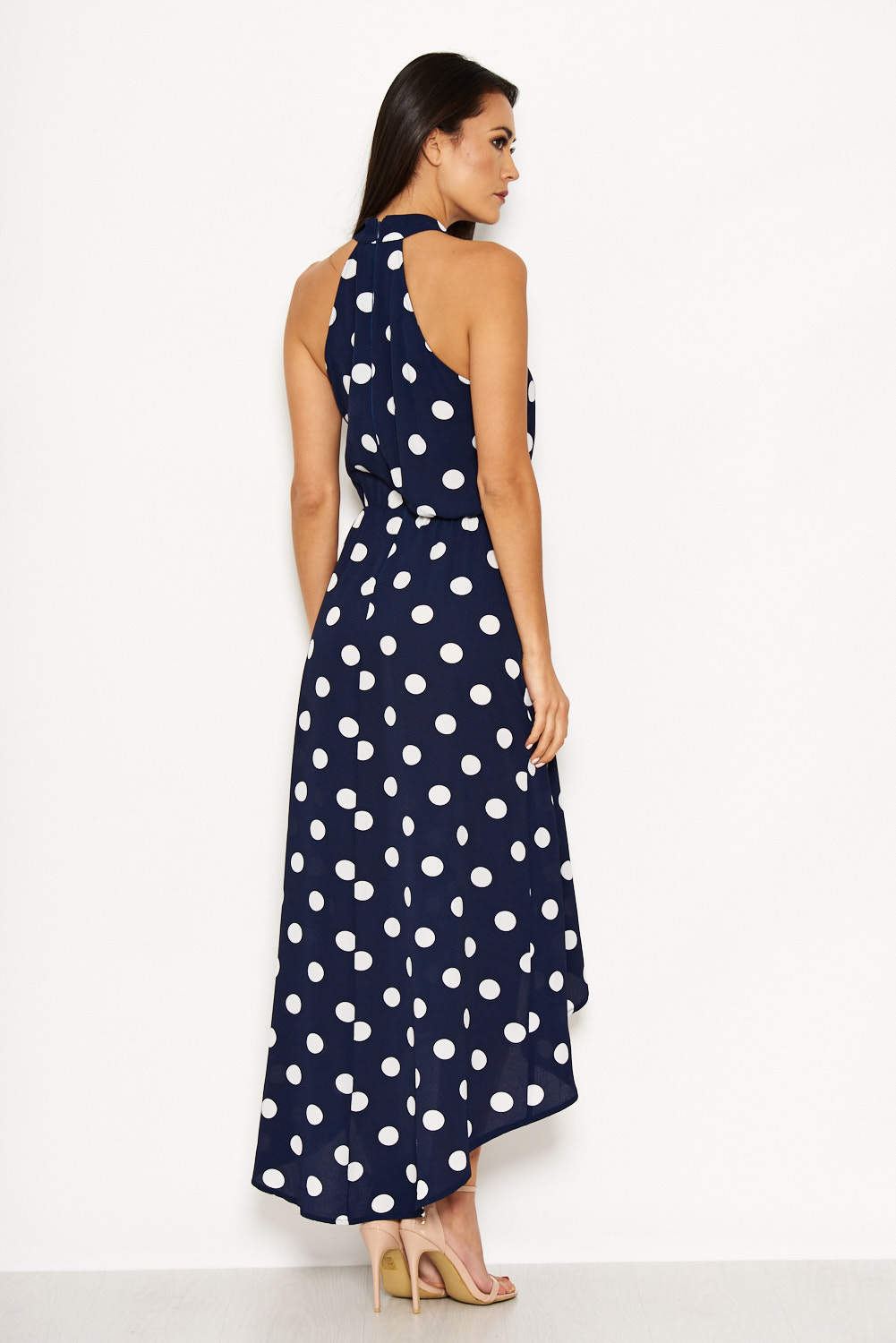 Kikodress - Navy Polka Dot Print High Neck Maxi Dress