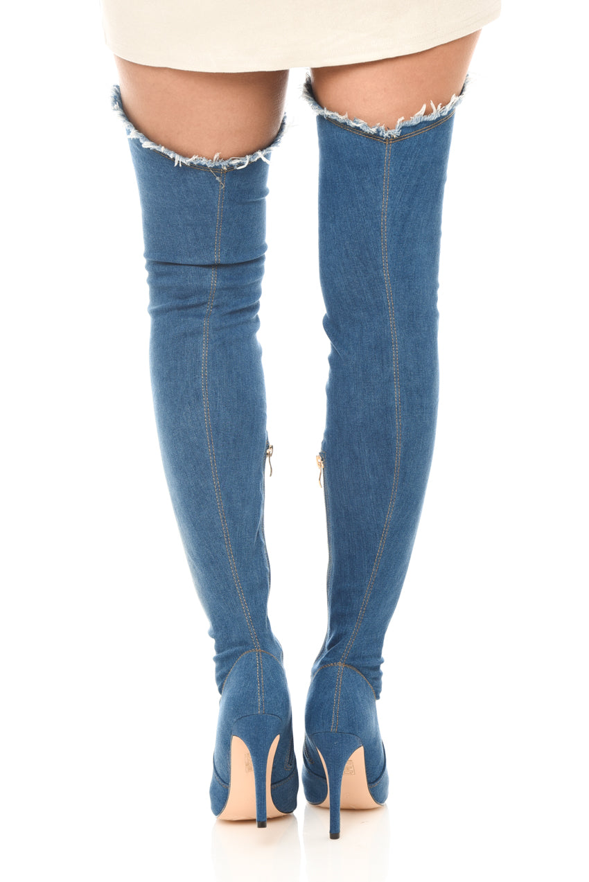 Kikodress - Dark Blue Denim Thigh High Boots