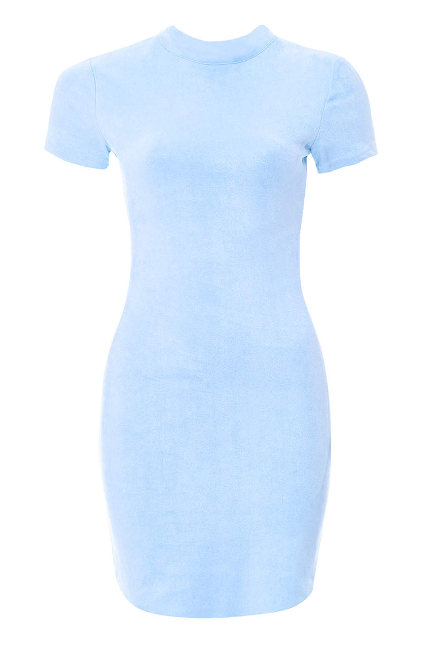 Kikodress - Blue Faux Suede Mini Dress With High Neck