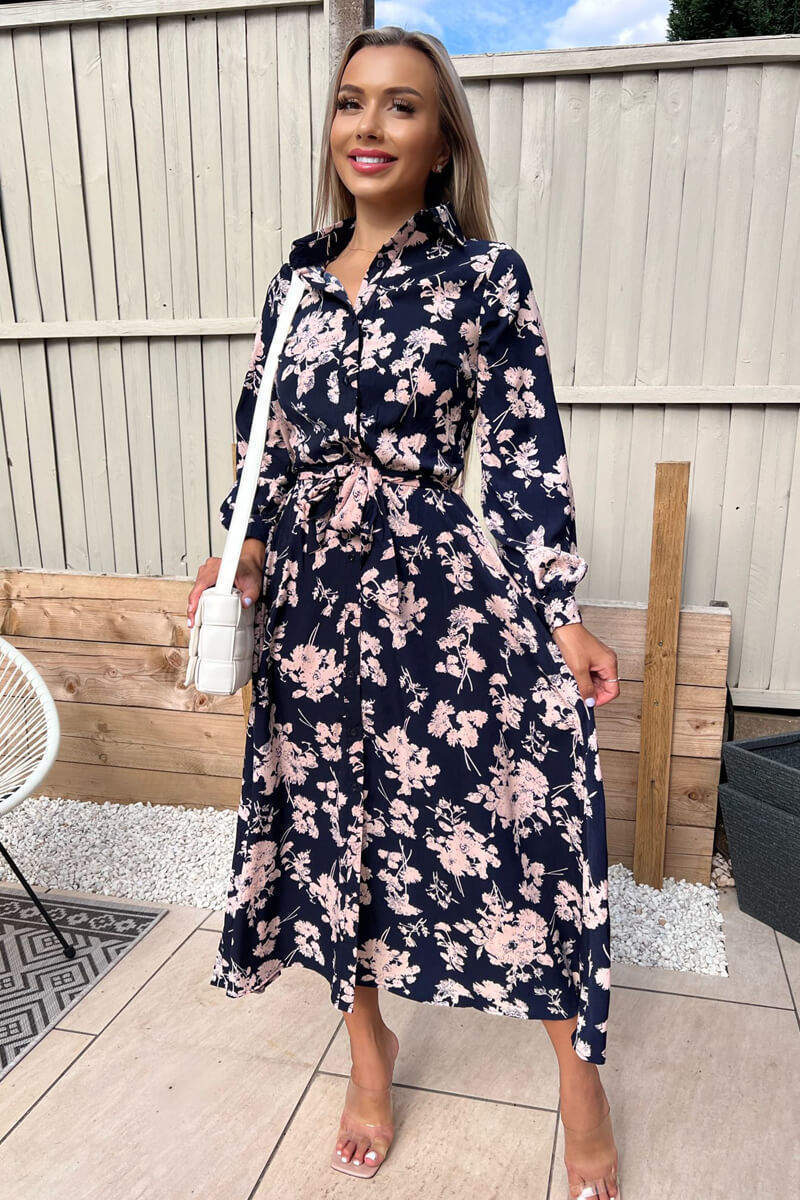 Kikodress - Navy And Pink Floral Button Up Midi Shirt Dress