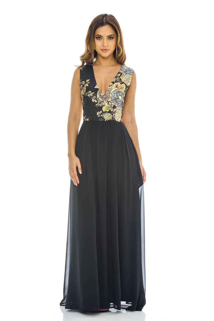 Kikodress - black Floral 2 in 1 V Neck Maxi Dress