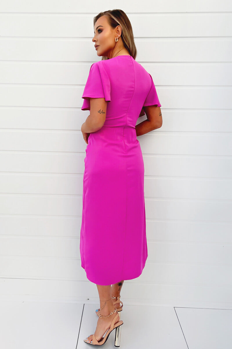 Kikodress - Hot Pink Short Sleeve V-Neck Buckle Wrap Midi Dress