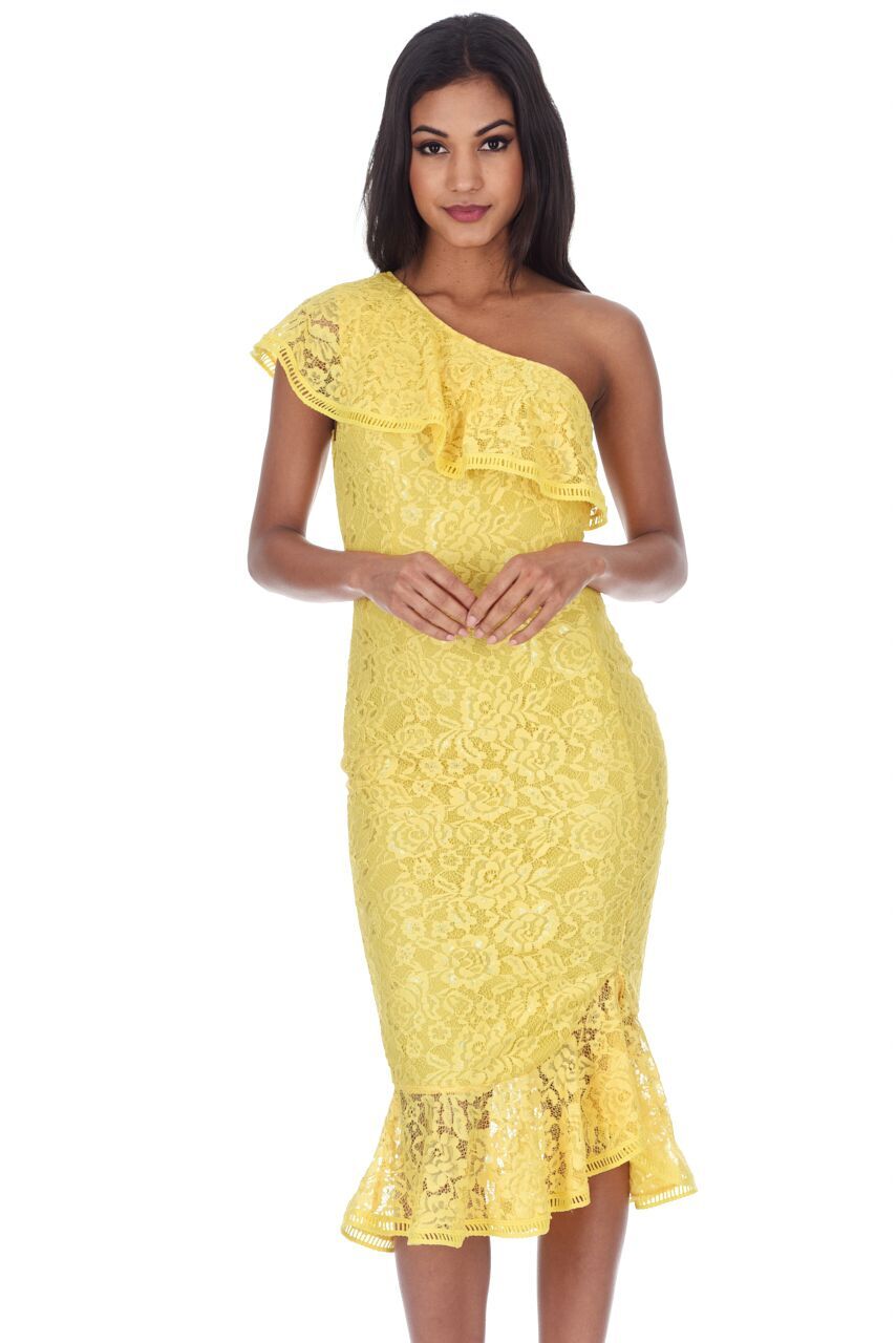Kikodress - Yellow Lace One Shoulder Frill Detail Midi Dress