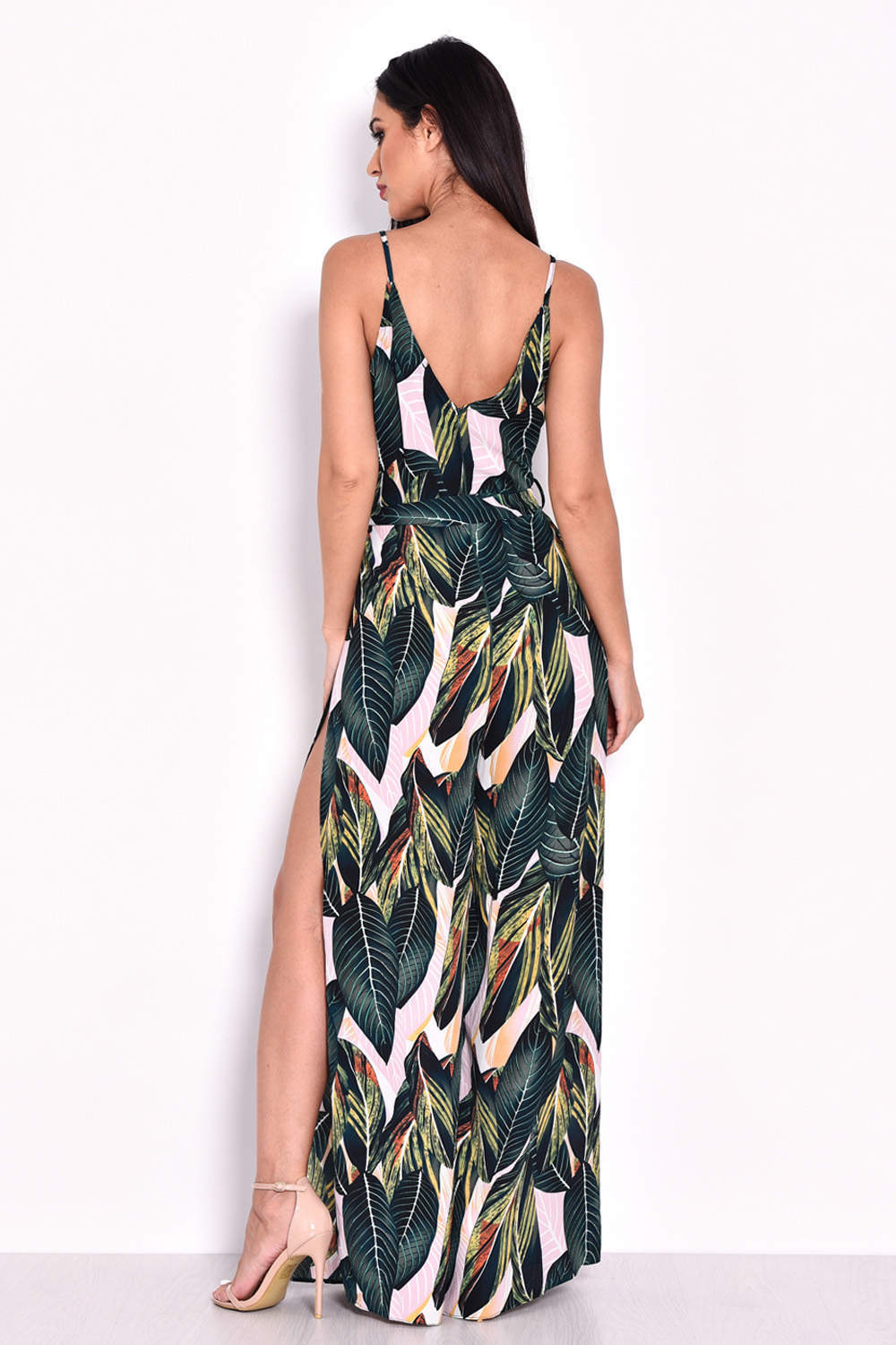 Kikodress - Leaf Print Wrap Front Jumpsuit