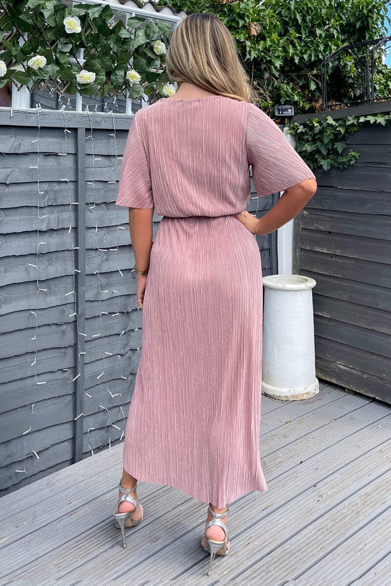 Kikodress - Champagne Wrap Top Belted Short Sleeve Plisse Midi Dress