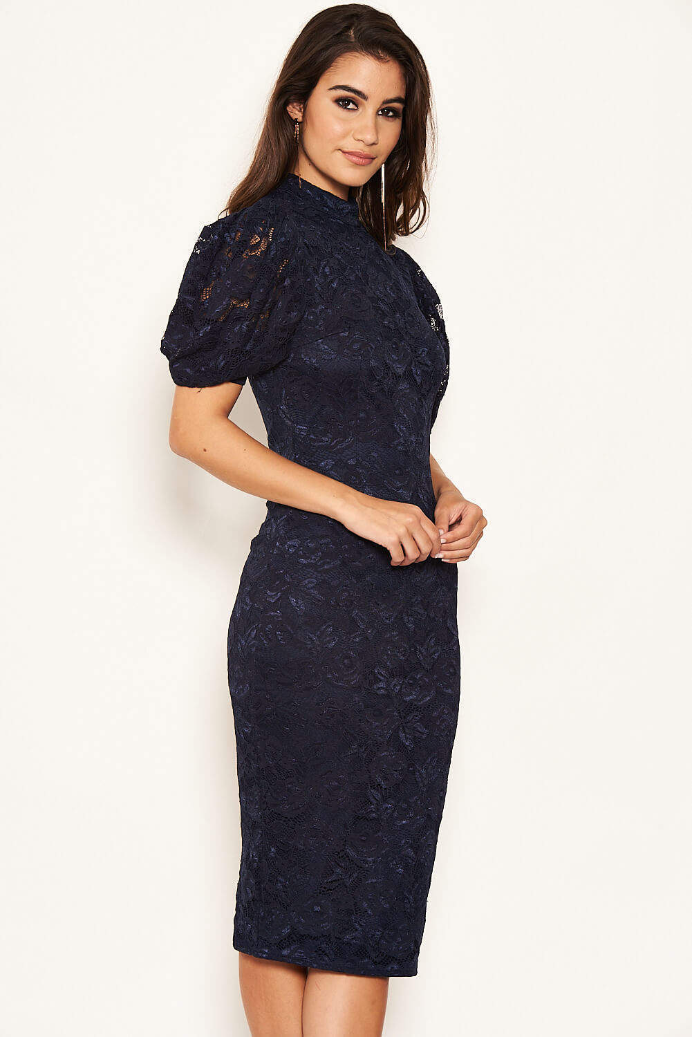 Kikodress - Navy Lace High Neck Puff Sleeve Midi Dress