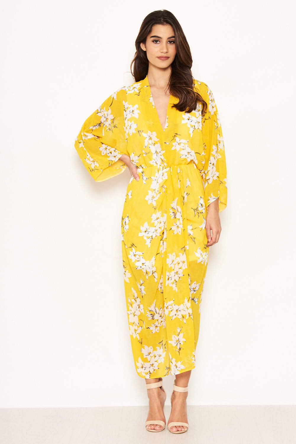 Kikodress - Yellow Floral Kimono Sleeve Maxi Dress