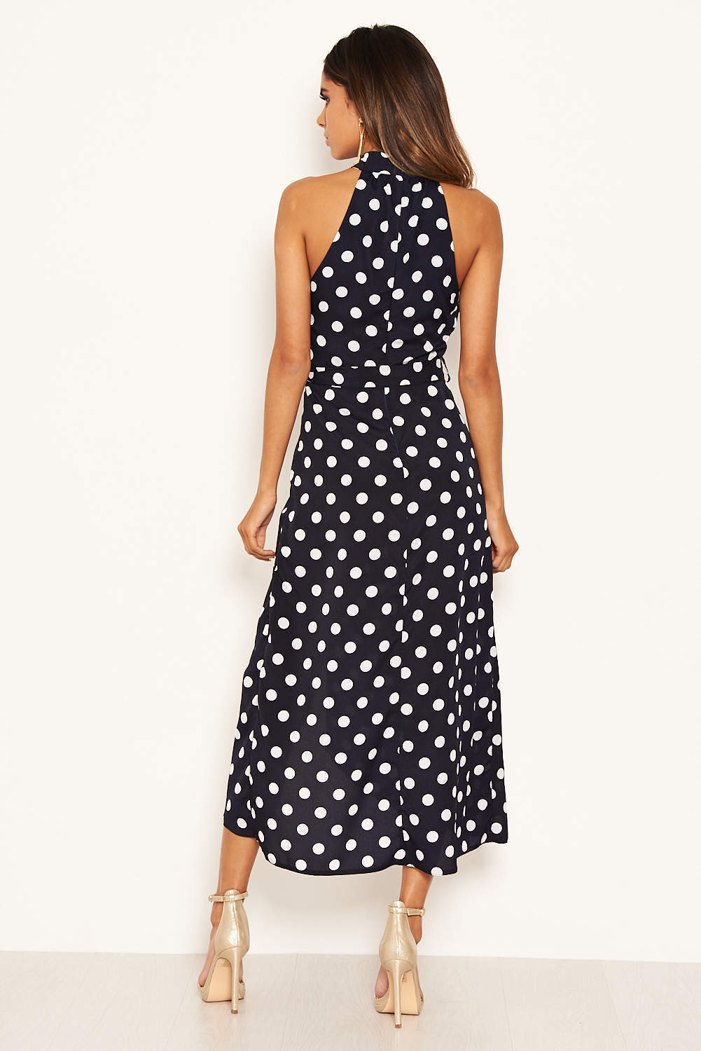 Kikodress - Navy Polka Dot High Neck Slit Front Dress