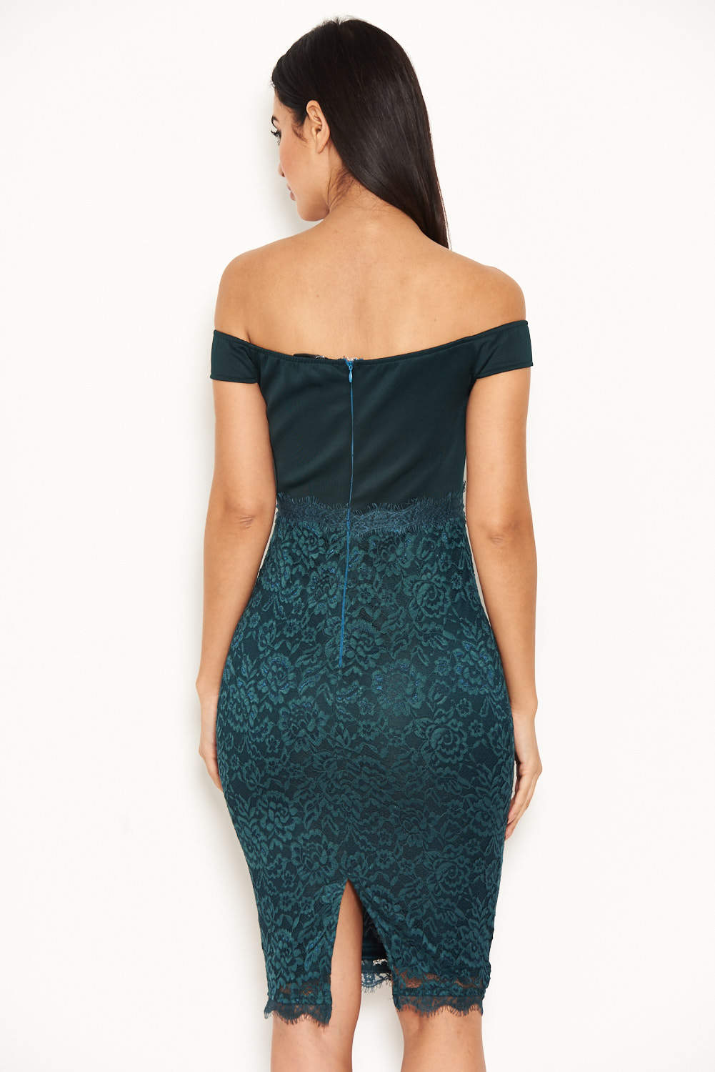 Kikodress - Teal Notch Front Lace Detail Midi Dress