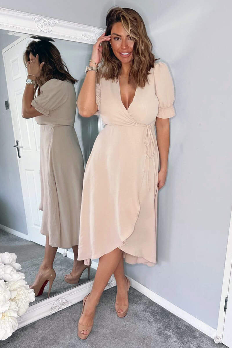 Kikodress - Nude Wrap Side Tie Midi Dress