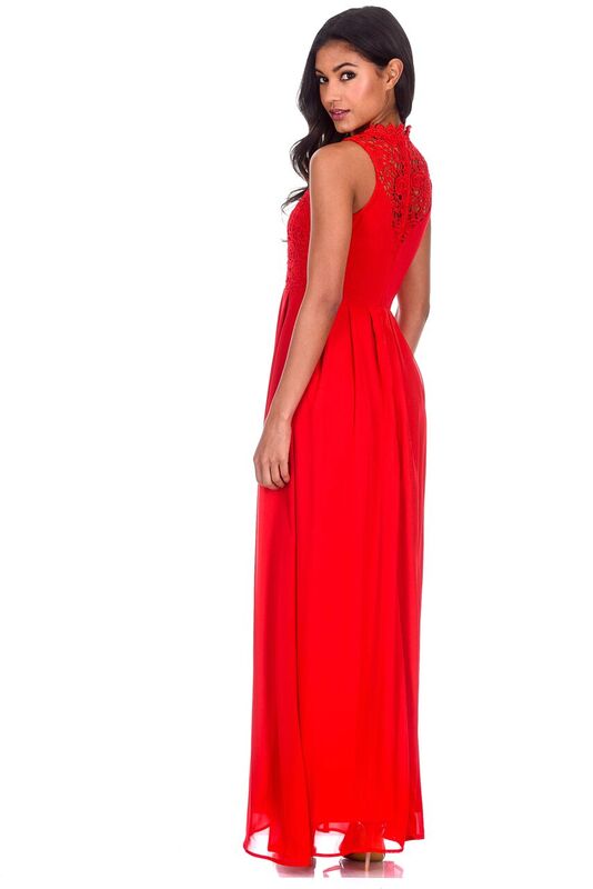 Kikodress - Red High Neck Crochet Maxi Dress
