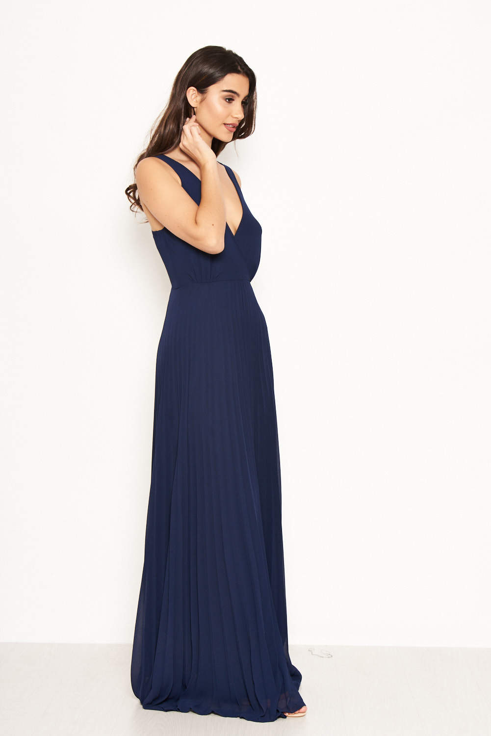Kikodress - Navy Pleated Maxi Dress With Lace Straps