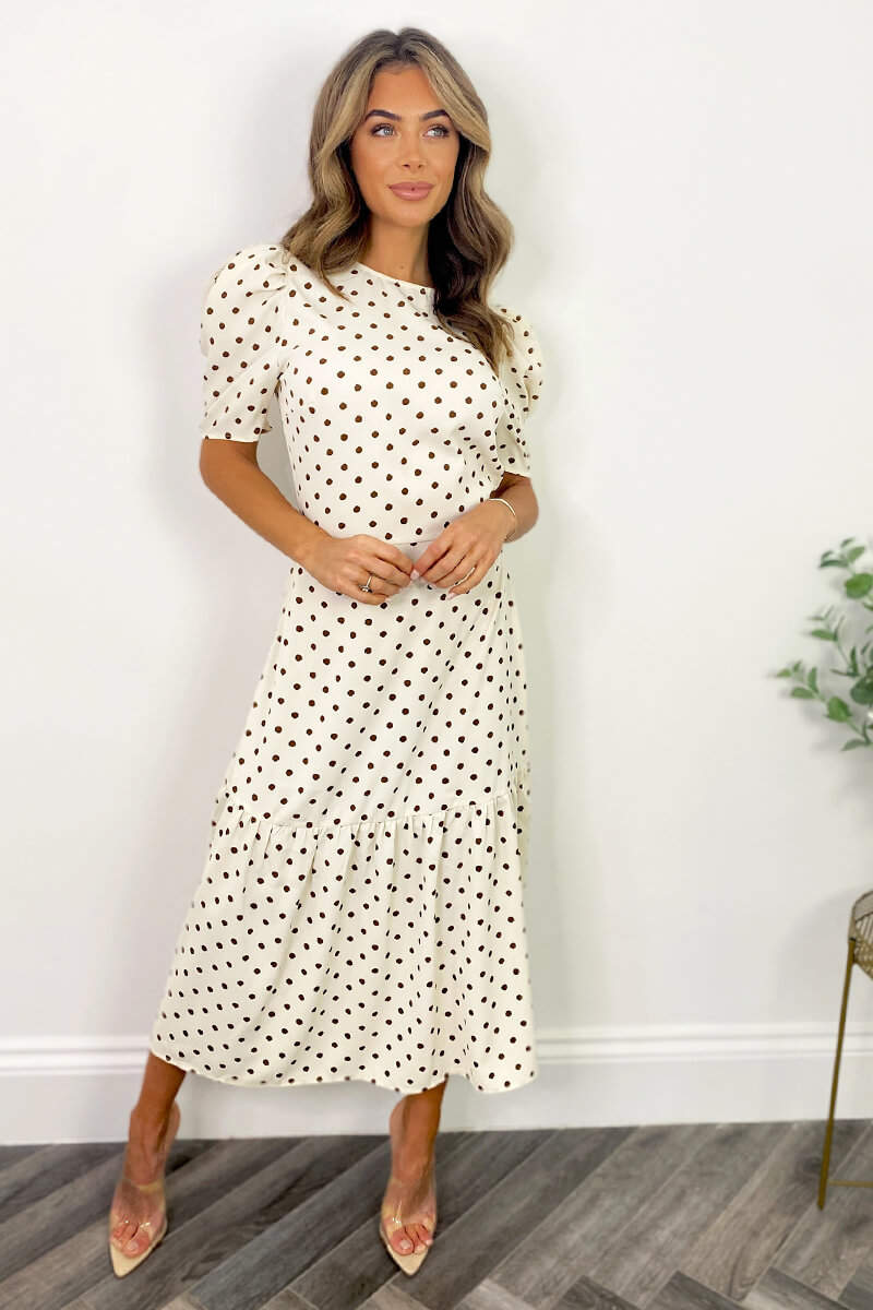 Kikodress - Cream And Brown Polka Dot Midi Smock Dress