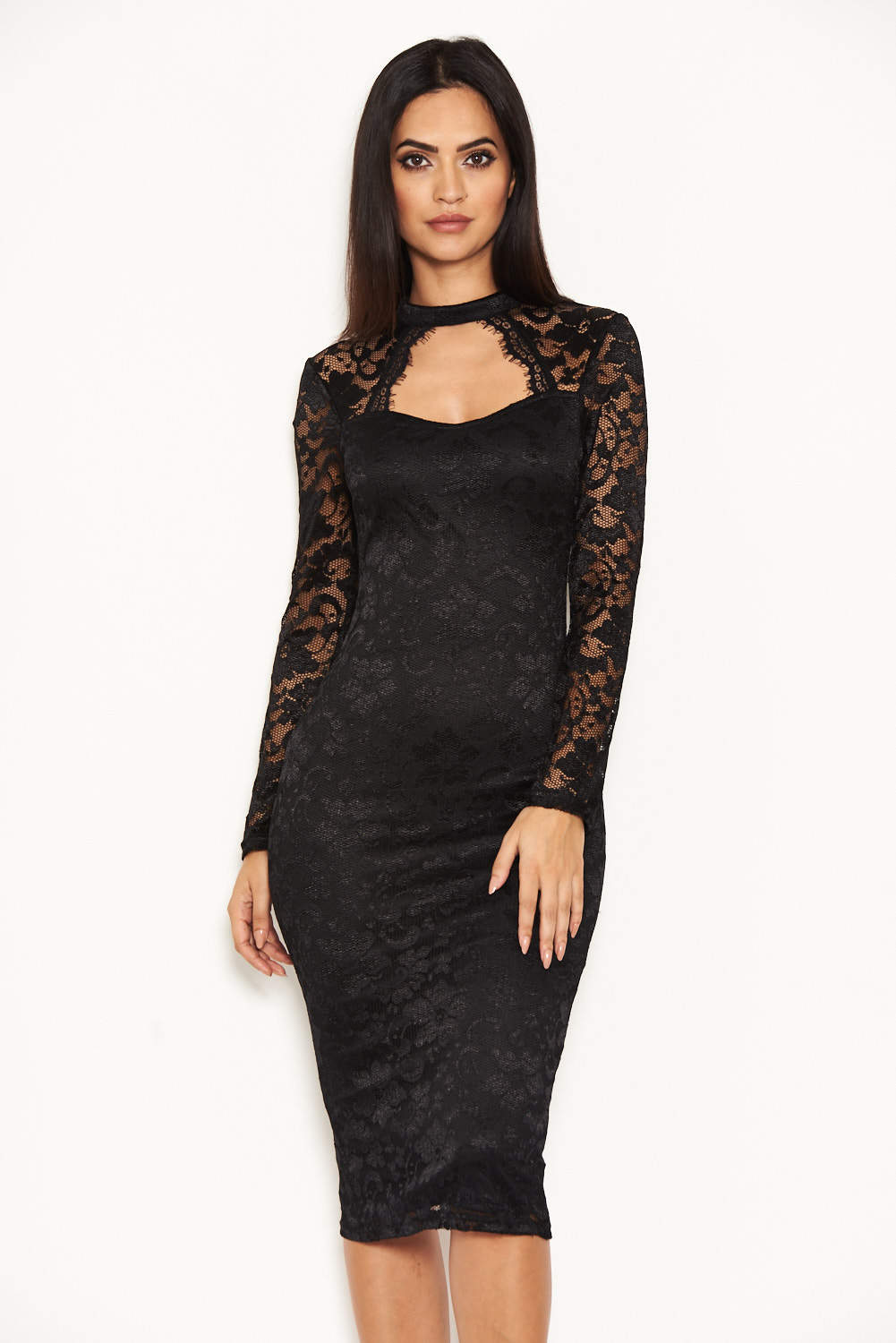 Kikodress - Black Lace Midi Dress With Long Sleeves