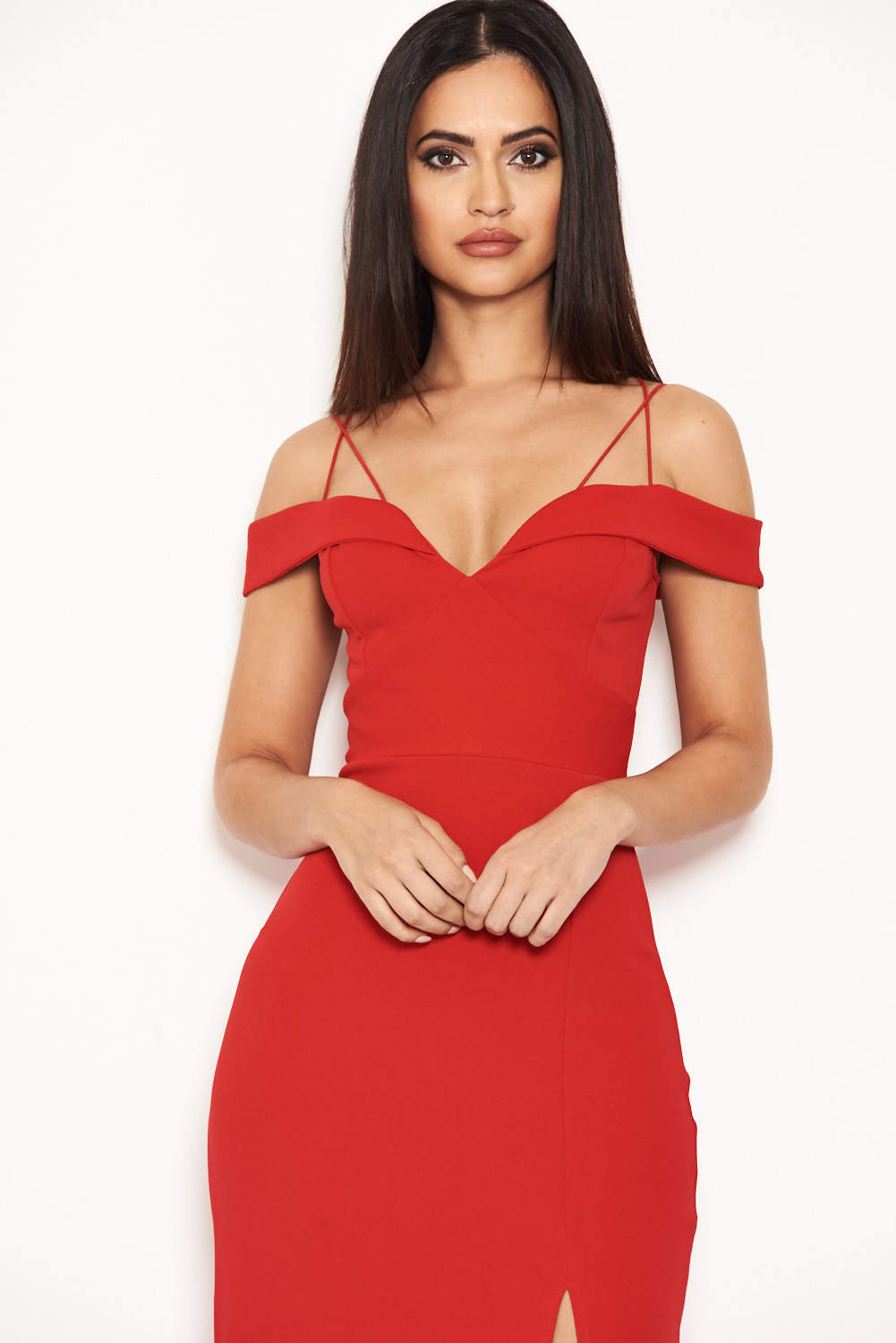 Kikodress - Red Strappy Off The Shoulder Side Split Maxi Dress