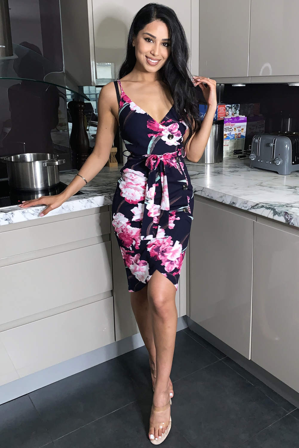 Kikodress - Navy Floral Button Wrap Dress