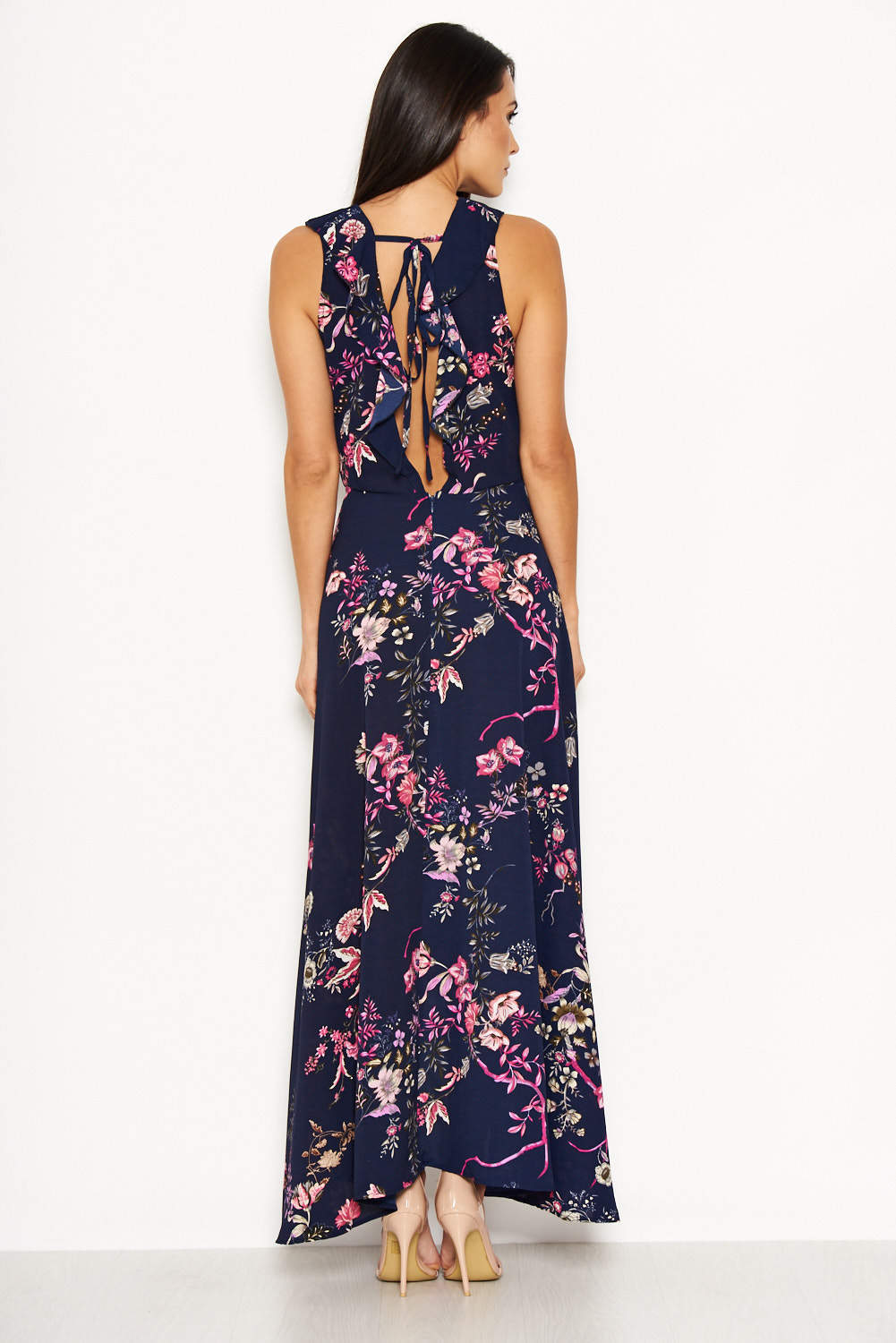 Kikodress - Navy Floral Dip Hem Dress