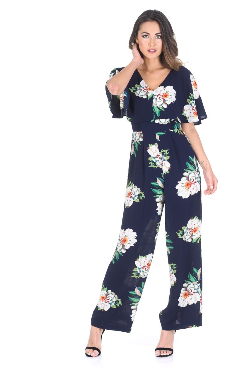 Kikodress - Navy Floral Culotte Jumpsuit With Cape Detail