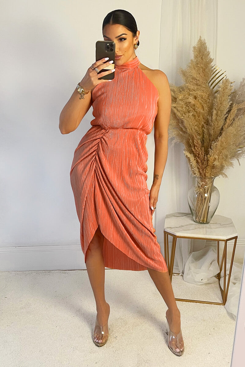 Kikodress - Peach Halter Neck Plisse Gathered Midi Dress