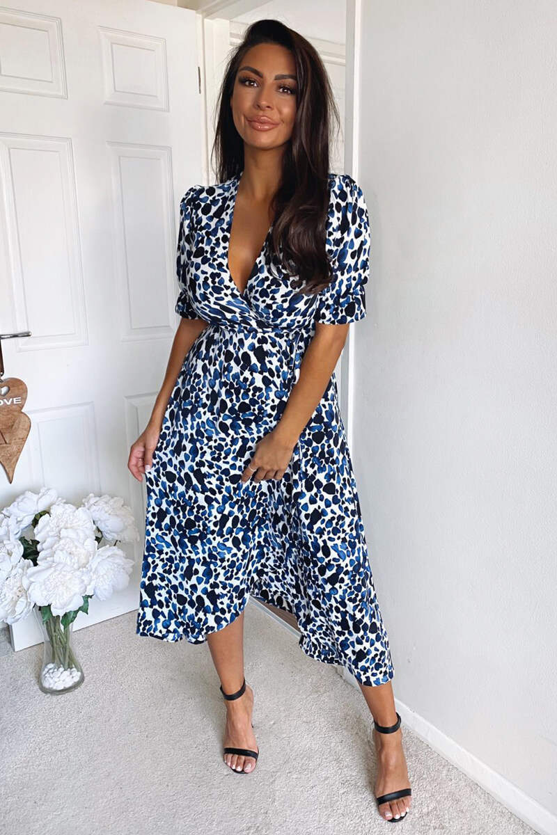 Kikodress - Blue Printed Wrap Tie Midi Dress