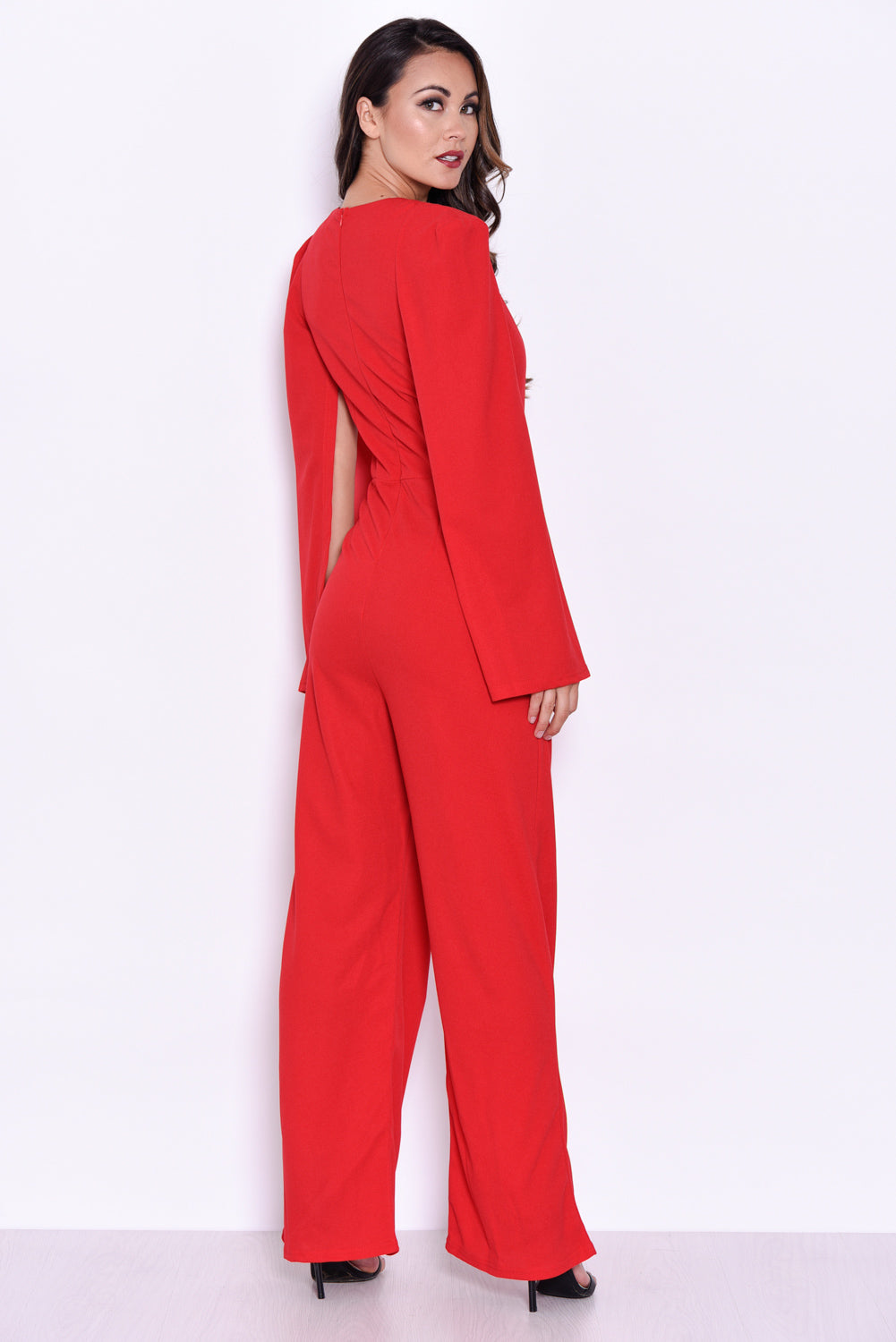Kikodress - Red Plunge Wide Leg Jumpsuit