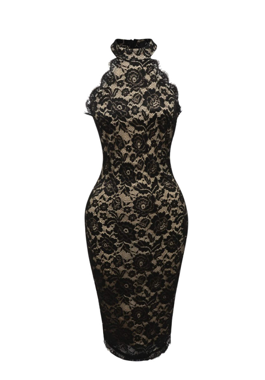 Kikodress - Black/Nude Lace Dress with Cut-In-Neck Detail