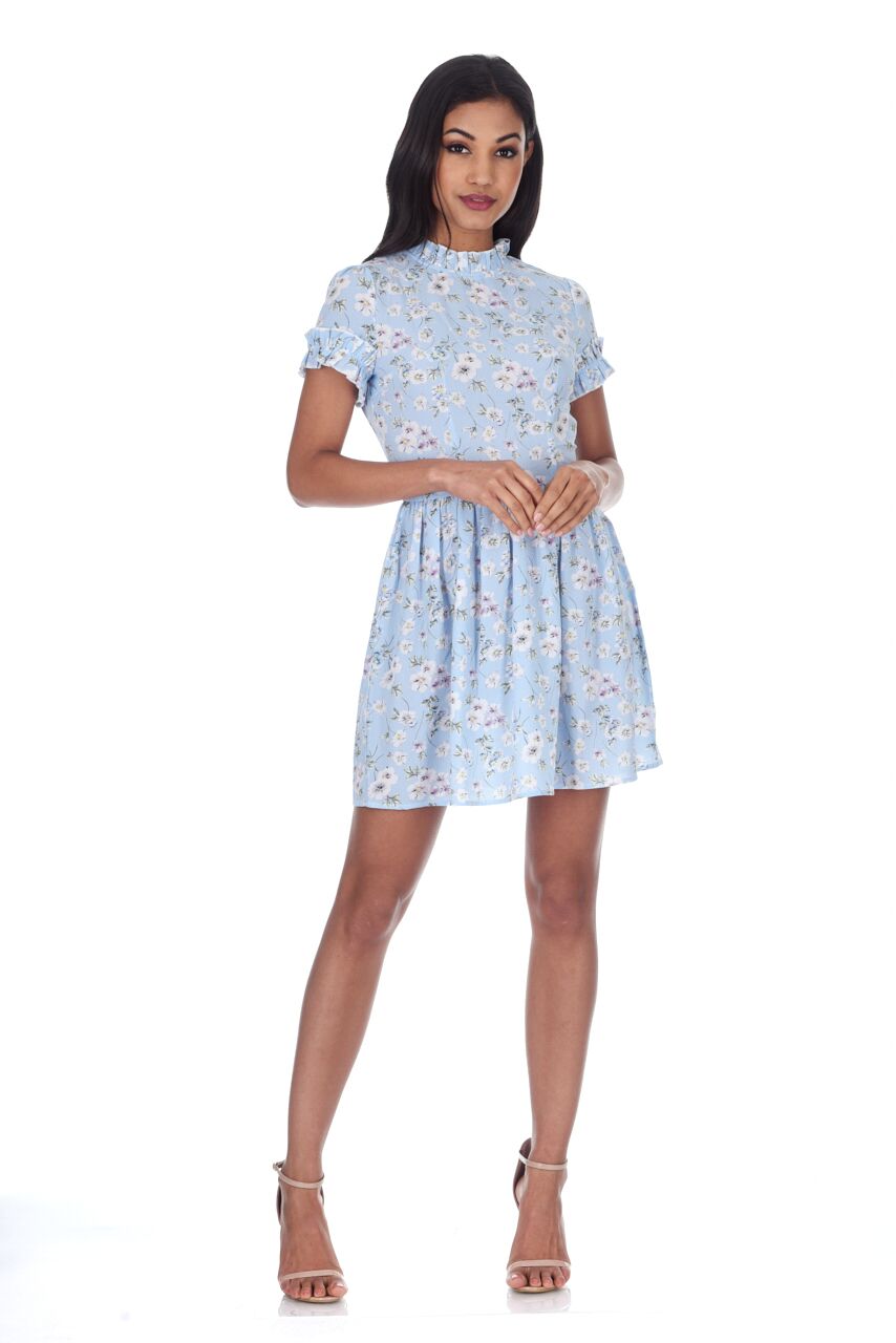 Kikodress - Blue Floral Frill Detail Mini Dress