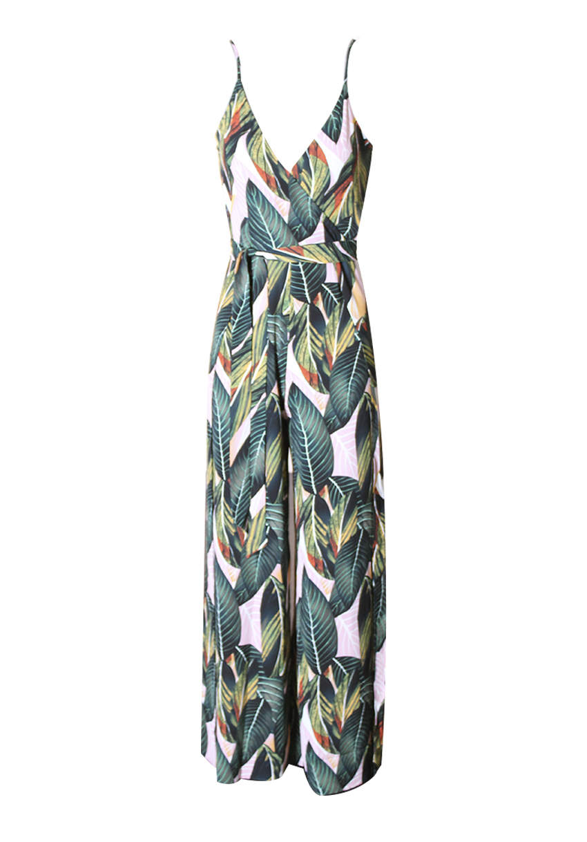 Kikodress - Leaf Print Wrap Front Jumpsuit