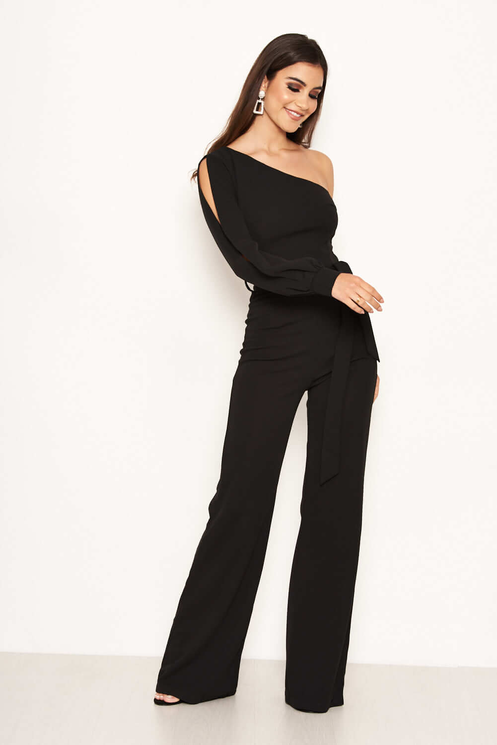 Kikodress - Black One Shoulder Split Sleeve Jumpsuit