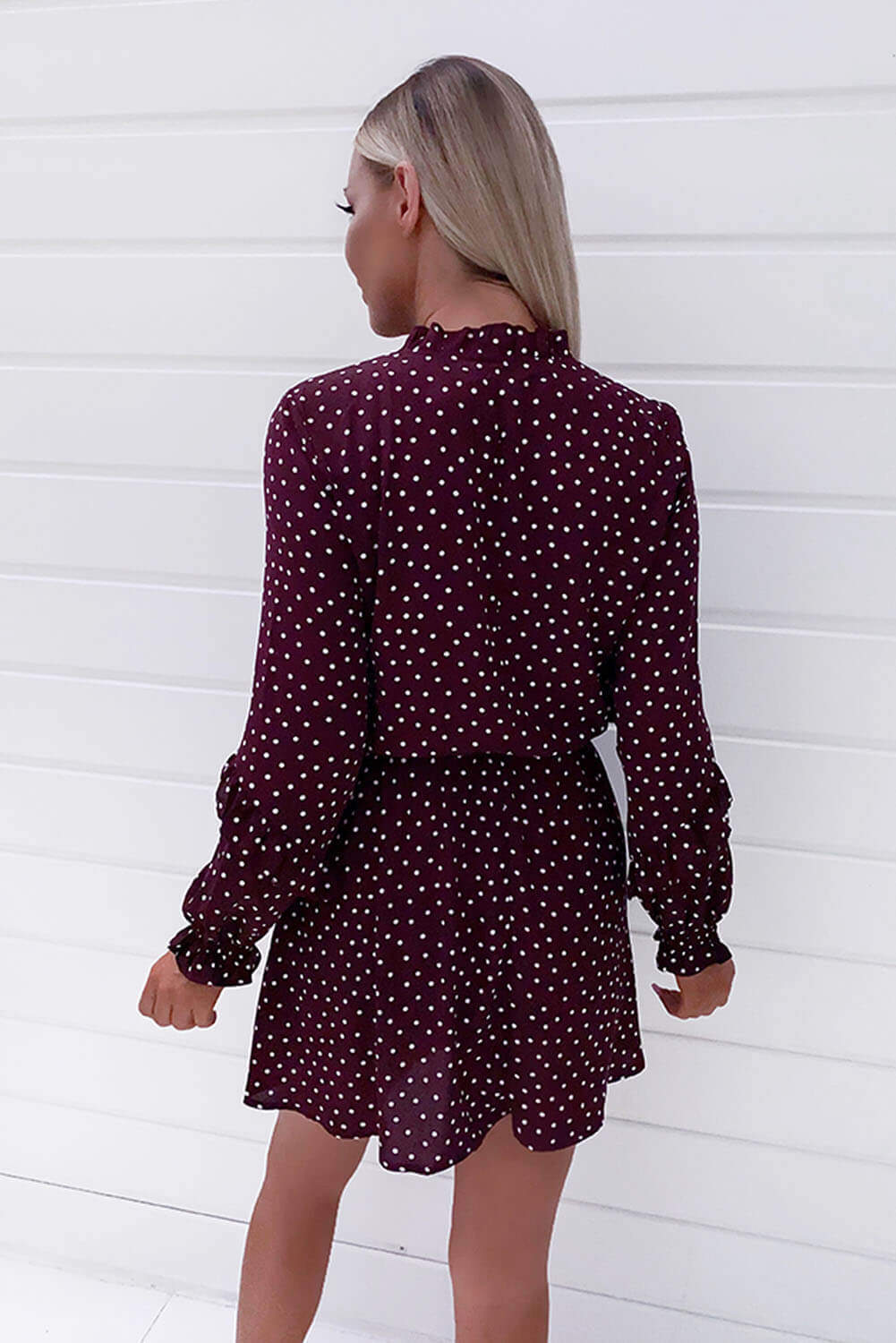 Kikodress - Plum Polka Dot Frill Shirt Dress