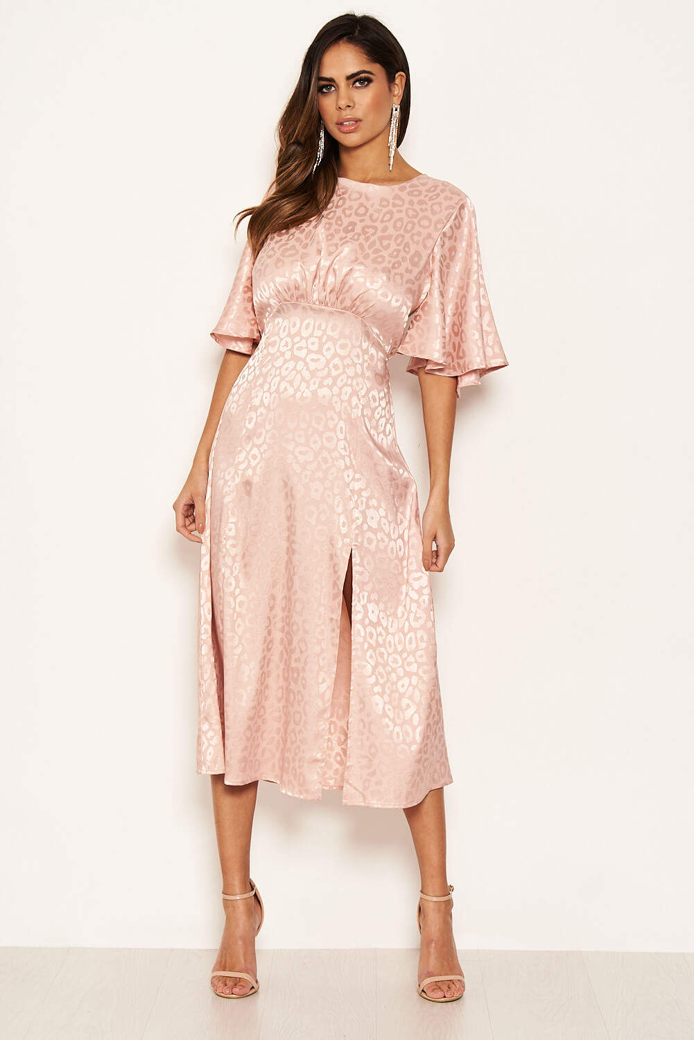 Kikodress - Pink Leopard Print Satin Midi Dress