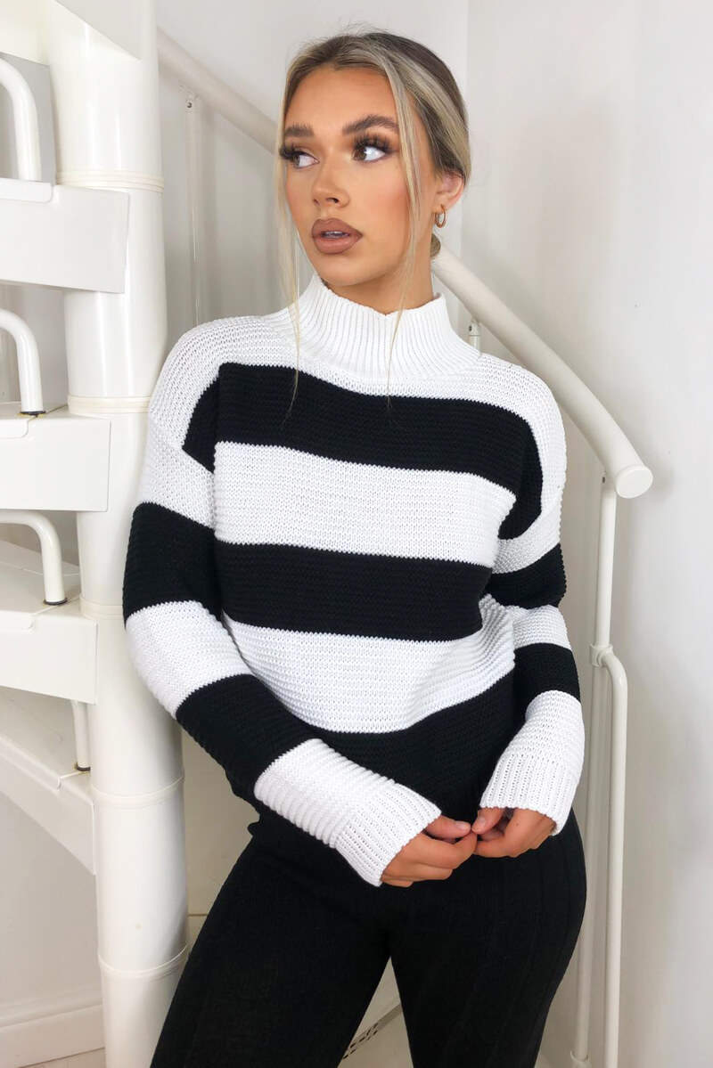 Kikodress - Black Striped High Neck Knit Jumper