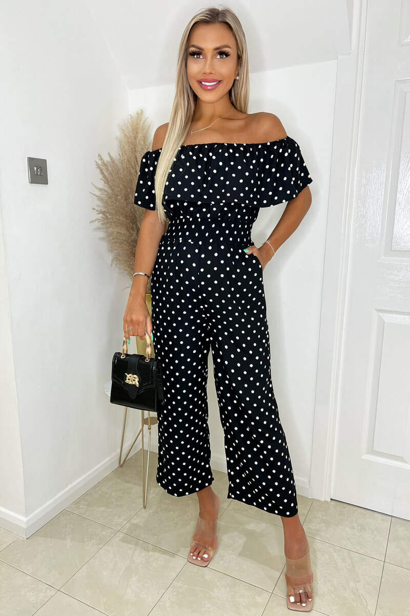 Kikodress - Black And White Polka Dot Bardot Jumpsuit