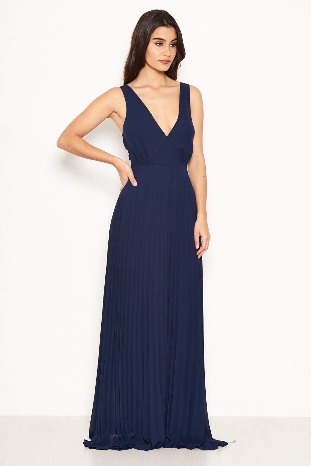 Kikodress - Navy Pleated Maxi Dress With Lace Straps