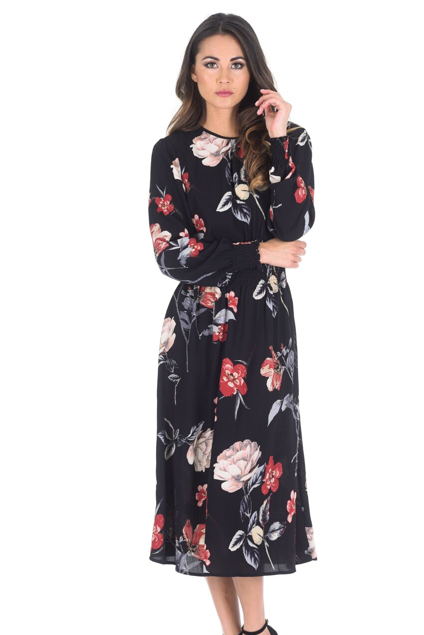 Kikodress - Black Floral Long Sleeve Elastic Waist Midi Dress