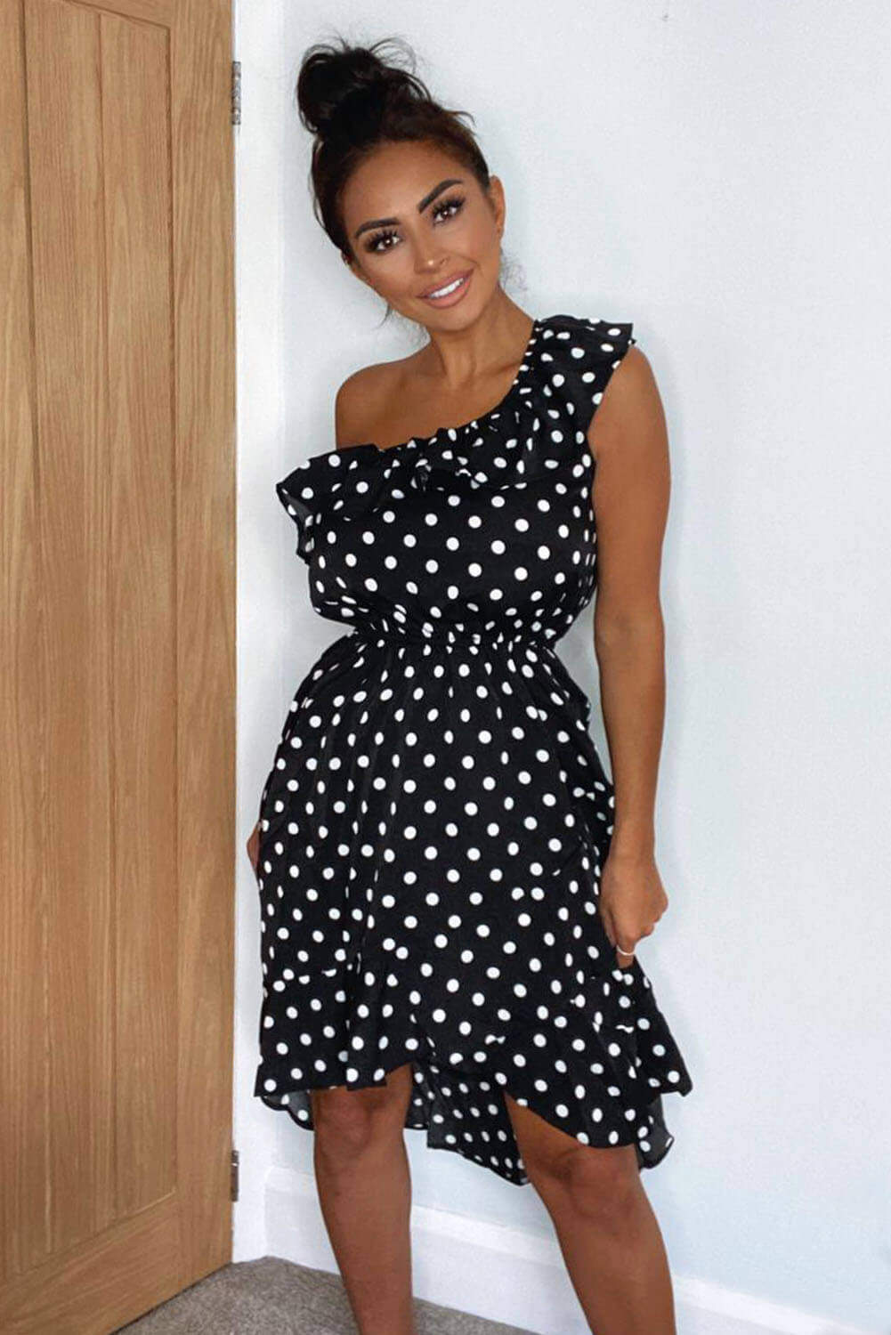 Kikodress - Black Polka Dot One Shoulder Frill Dress