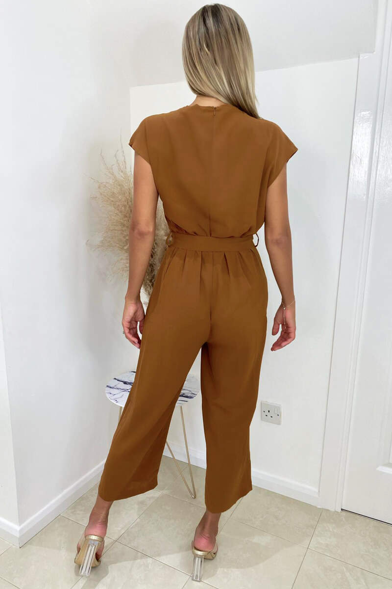 Kikodress - Camel Wrap Tie Waist Jumpsuit