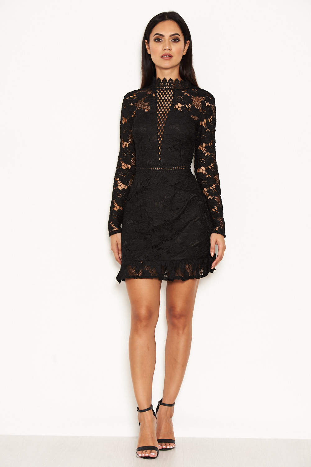 Kikodress - Black Lace Dress With Frill Hem And Cut Out Back