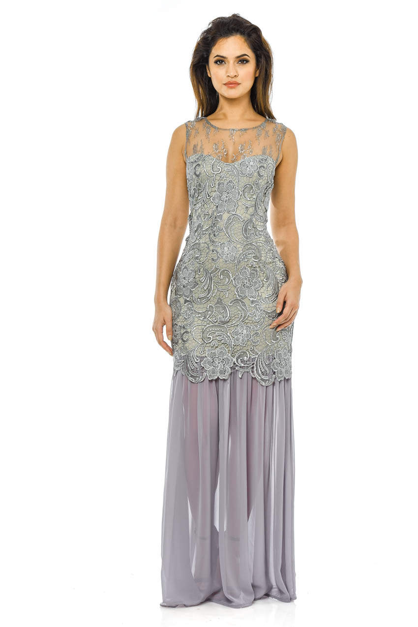 Kikodress - Grey Crochet Chiffon Maxi Dress