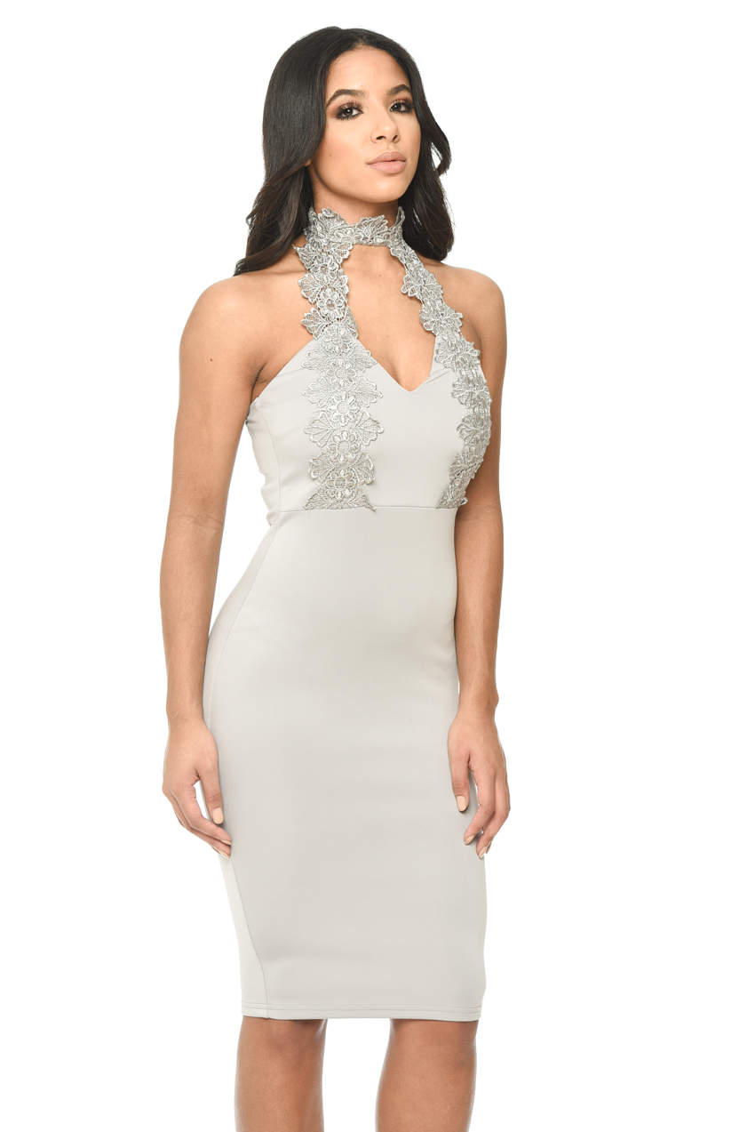 Kikodress - Silver Halterneck Choker Dress With Lace Detail