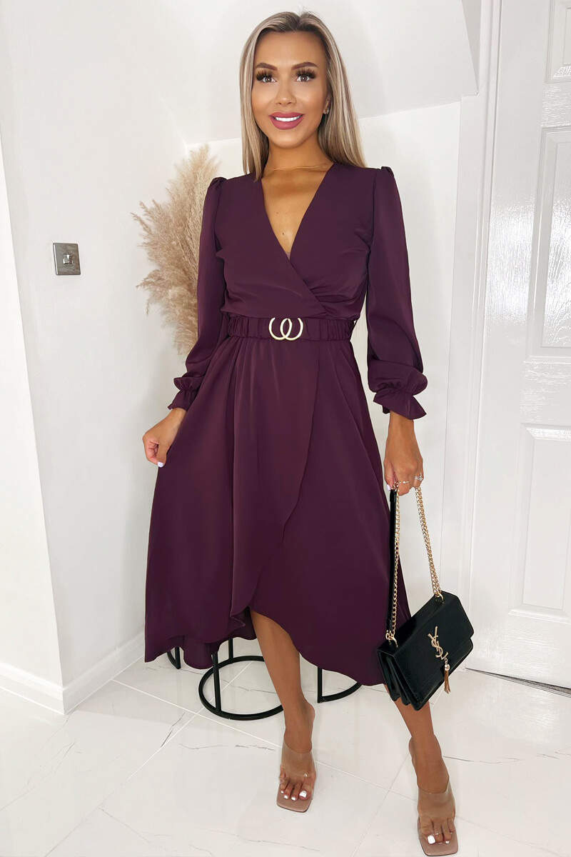 Kikodress - Plum Long Sleeve Belted Midi Dress