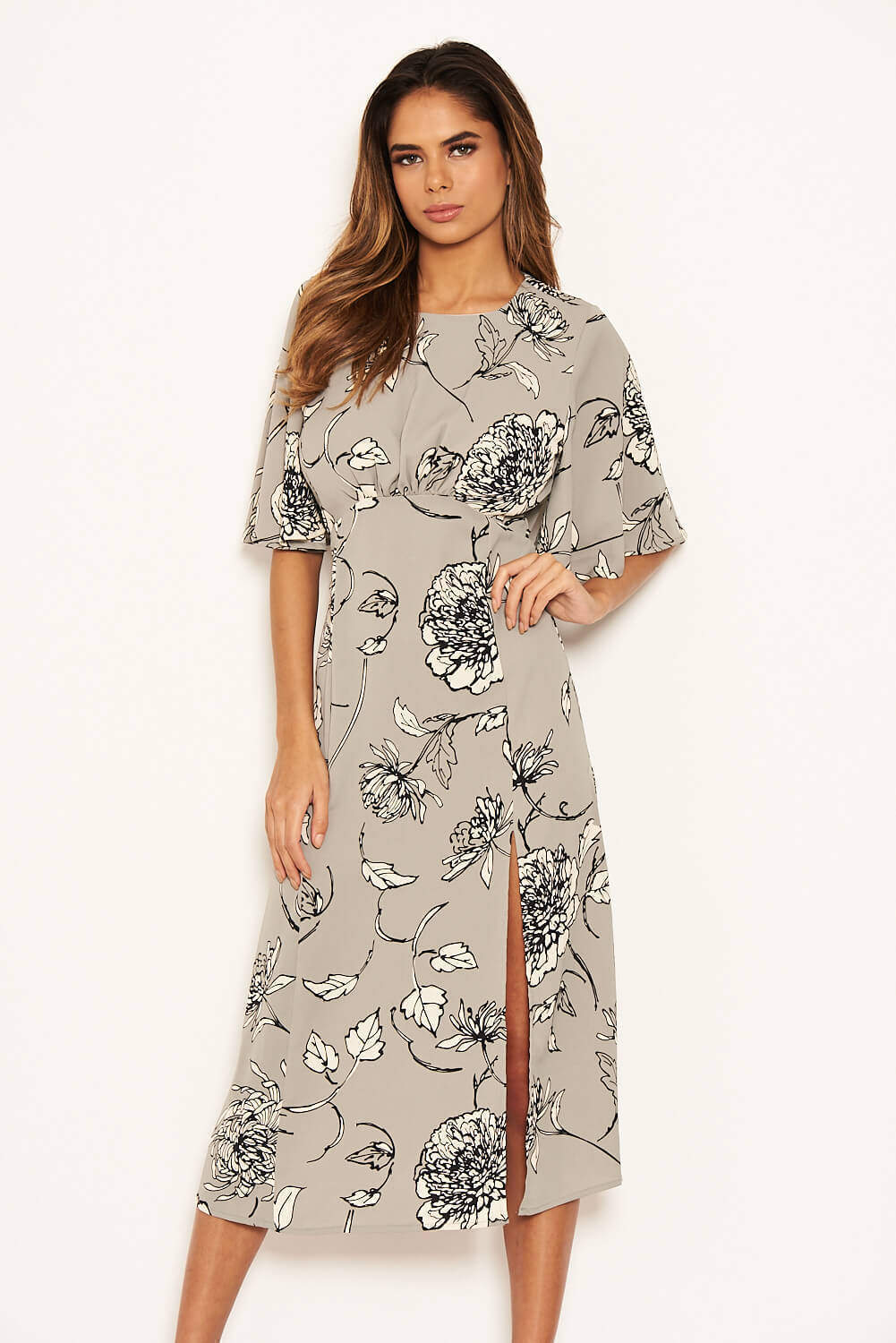 Kikodress - Grey Floral Gathered Split Midi Dress