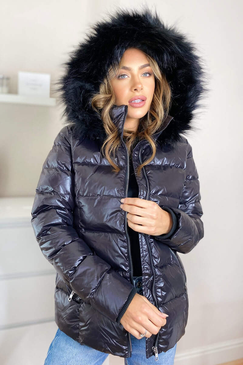 Kikodress - Black Faux Fur Wet Look Coat