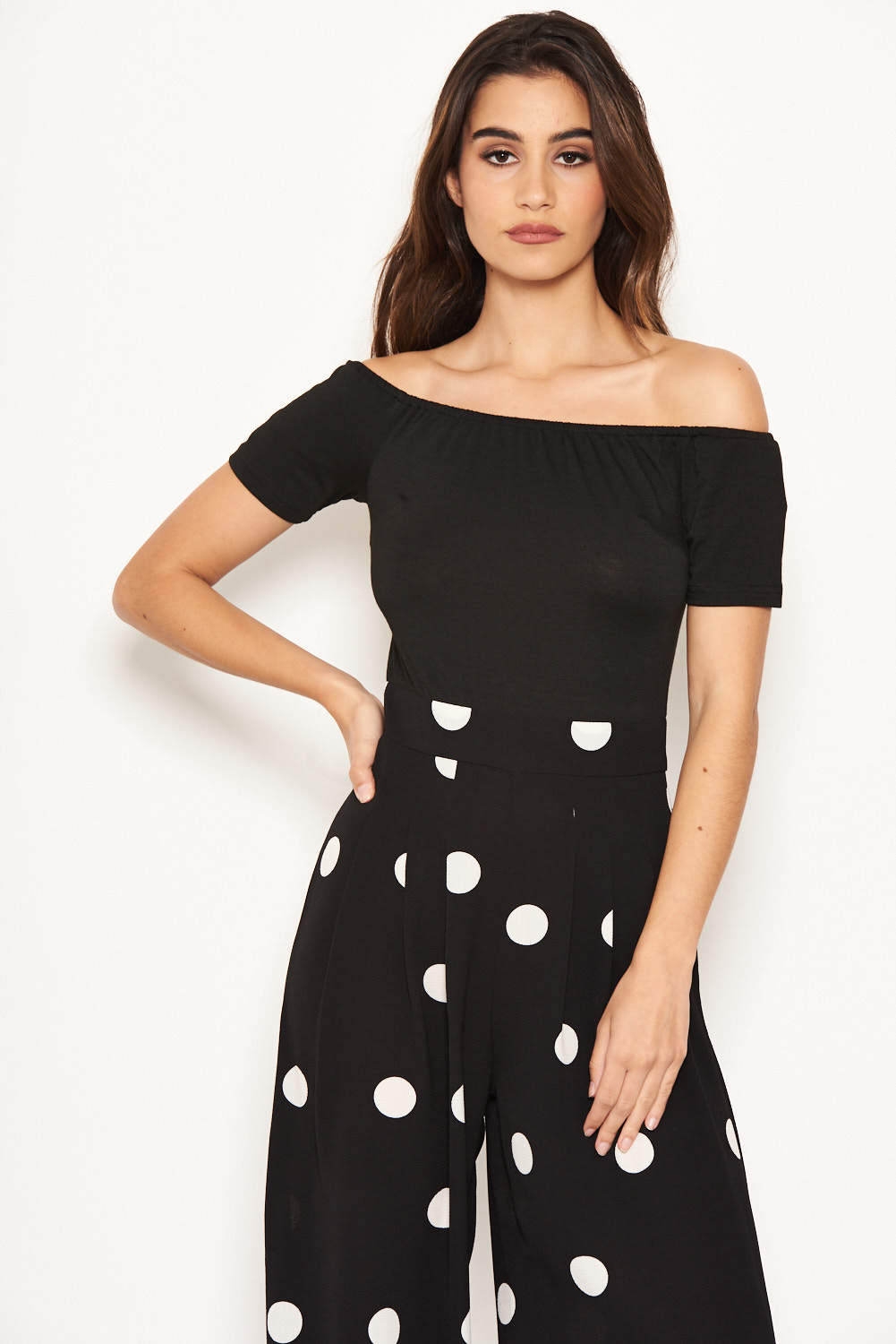 Kikodress - Black Spot Print Bardot Jumpsuit