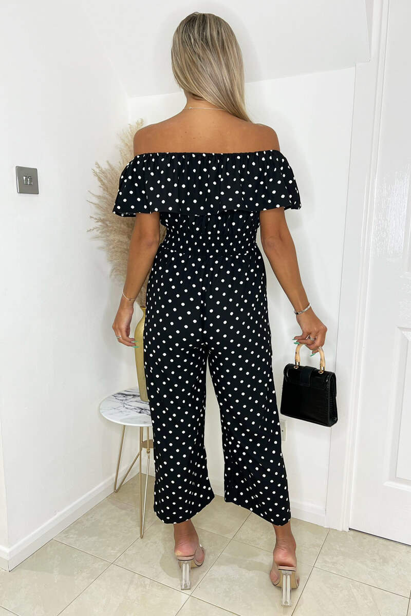 Kikodress - Black And White Polka Dot Bardot Jumpsuit