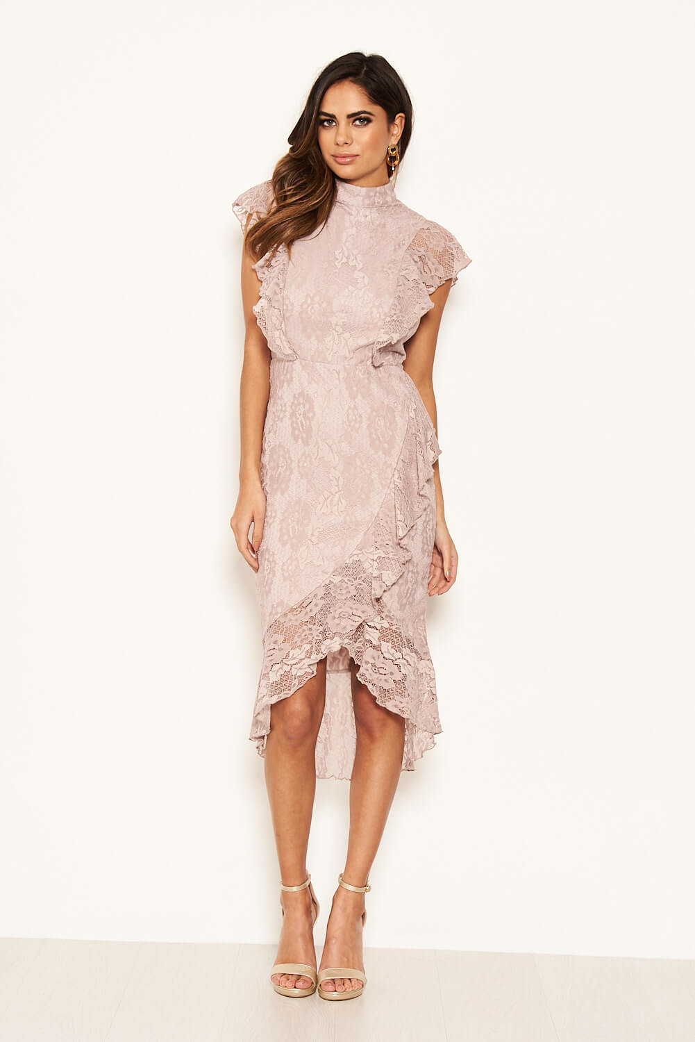 Kikodress - Mushroom Lace Fish Tail Frill Sleeve Midi Dress